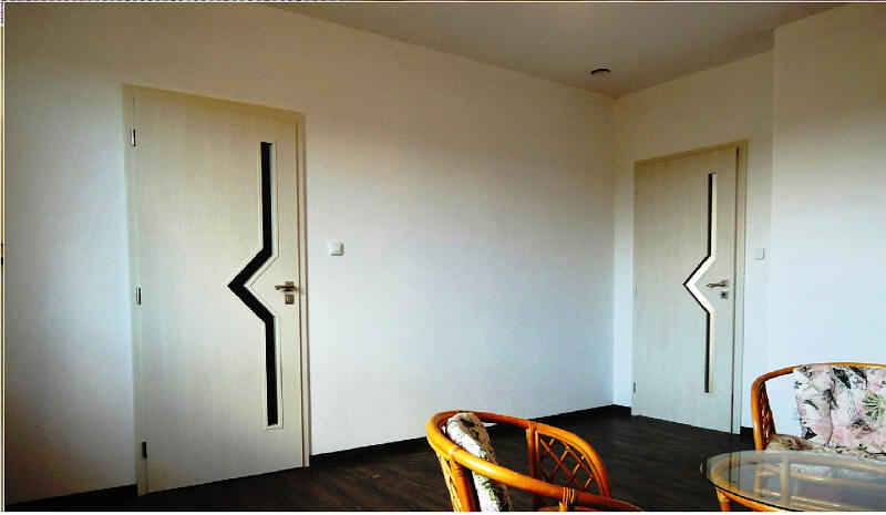 Interiérové dveře a obložková zárubeň, Dveře Styl S5, CPL Borovice Cream, sklo Matelux, Klika MaT Mondeo HR